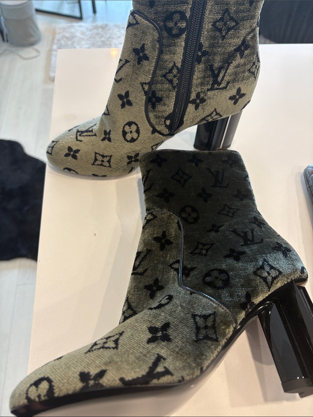 Louis Vuitton Olive Velvet Monogram Ankle Boots